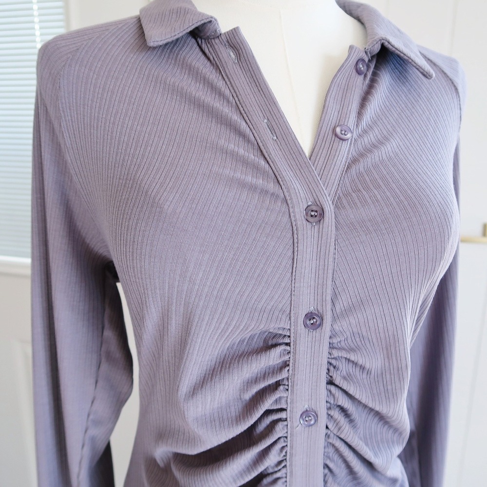 NEW Promesa Womens Ruched Shirt Dress Size L Gray Button Chic Y2K Modern Capsule - Picture 3 of 8